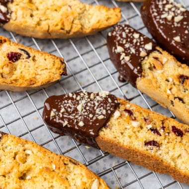 cranberries and almond biscotti dipped in dark chocolate